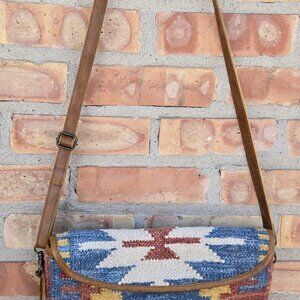 Kilim Jute Crossbody Bag with Leather Trim